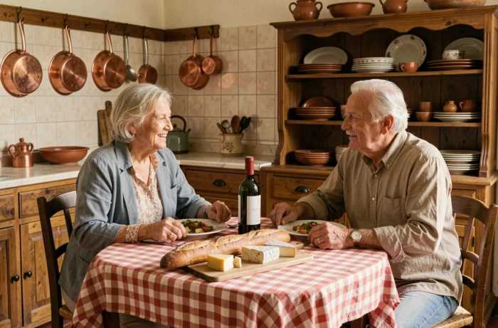 Couple de personnes âgées françaises partageant un repas traditionnel dans une cuisine rustique de maison familiale