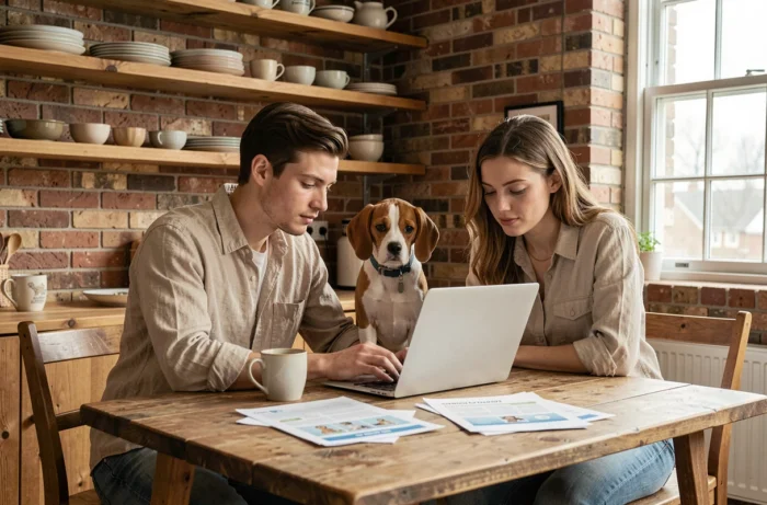 Jeune couple comparant des offres d'assurance animale sur un ordinateur portable avec leur chiot beagle dans une cuisine rustique
