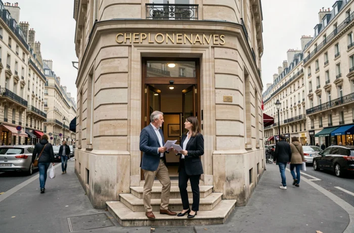 Un couple devant une banque française tient des documents relatifs à leur prêt immobilier et à son remboursement anticipé