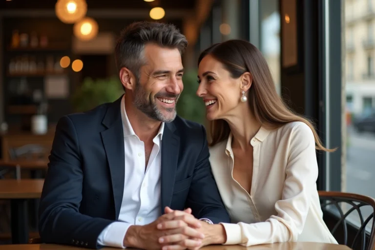 Couple élégant souriant ensemble dans un café parisien, illustrant une relation complice et raffinée