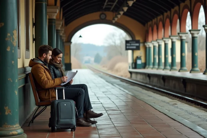 Couple de voyageurs attendant un train régional en Europe avec petites valises et budget maîtrisé