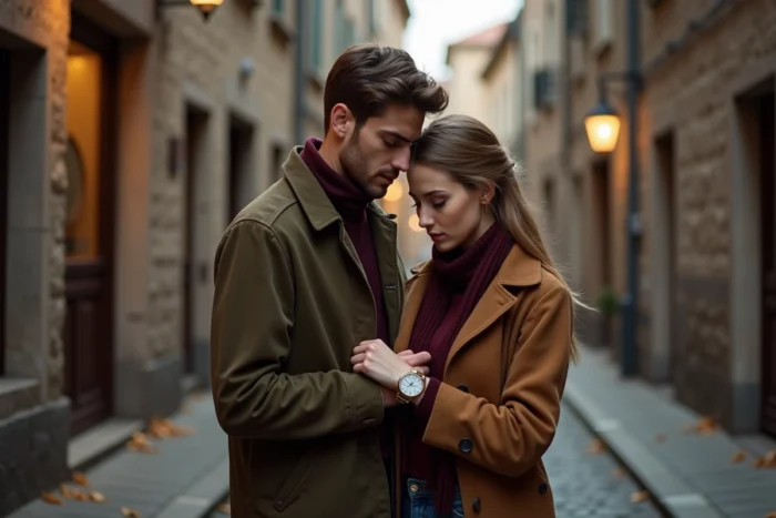 Couple tenant la main dans une ruelle pavée, la femme regardant sa montre affichant 15h55, évoquant les transformations en amour