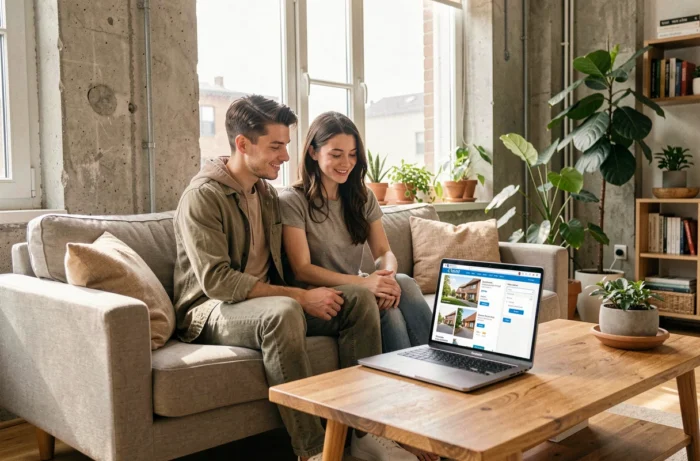 Couple consultant les services d'une agence immobilière en ligne depuis leur salon confortable