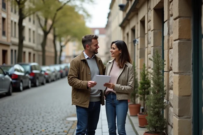 Couple évaluant un immeuble résidentiel en pierre lors d'une visite immobilière dans une rue européenne