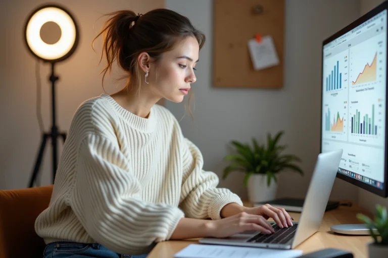 Créatrice de contenu analysant ses revenus sur ordinateur portable dans un bureau à domicile moderne