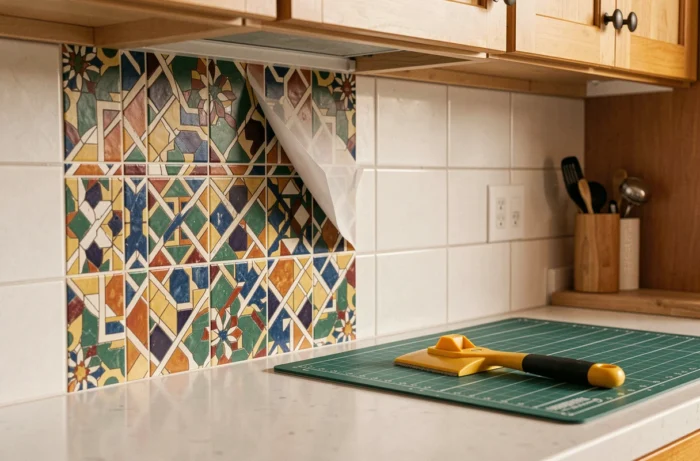 Application d'une crédence autocollante motif zellige marocain sur un carrelage blanc existant dans une cuisine