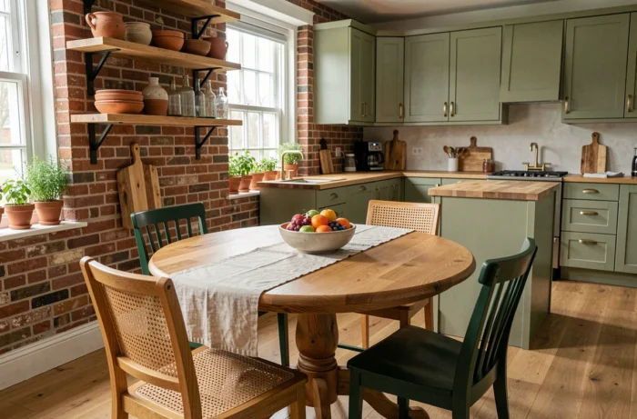 Cuisine et coin repas de style fermette moderne avec table en chêne, chaises en rotin et étagères en brique apparente