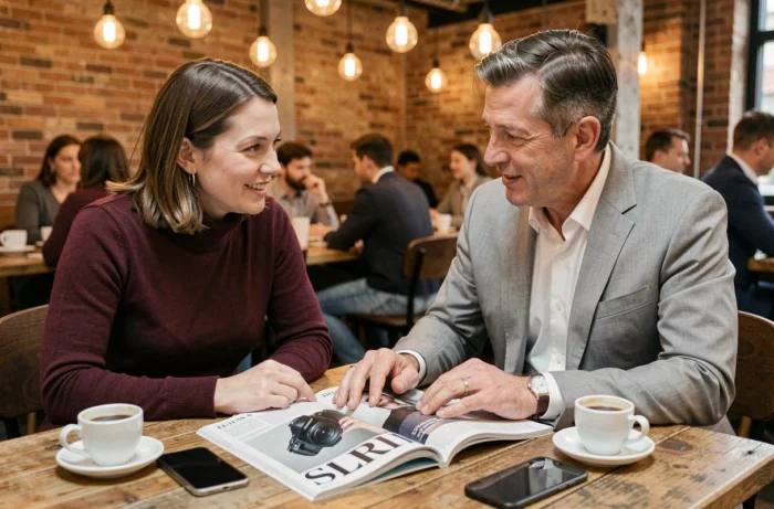 Deux décideurs échangeant autour du magazine SLR dans un espace de coworking pour optimiser leur veille stratégique