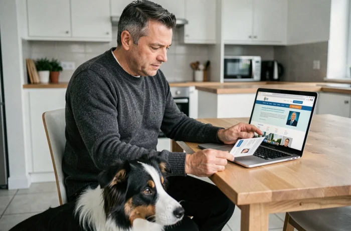 Homme effectuant les démarches en ligne pour changer le nom du propriétaire de son chien border collie depuis son domicile