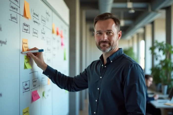 Designer debout devant un tableau blanc avec une architecture de sitemap dessinée à la main dans une agence créative