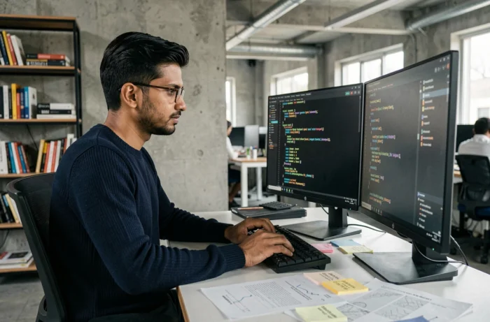 Développeur informatique analysant une documentation API sur deux écrans dans un bureau moderne de startup technologique