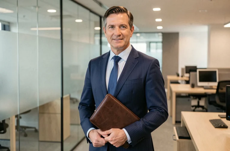 Dirigeant d'entreprise de grande distribution en costume dans un bureau moderne, illustrant le profil d'un PDG comme Dominique Schelcher de Super U