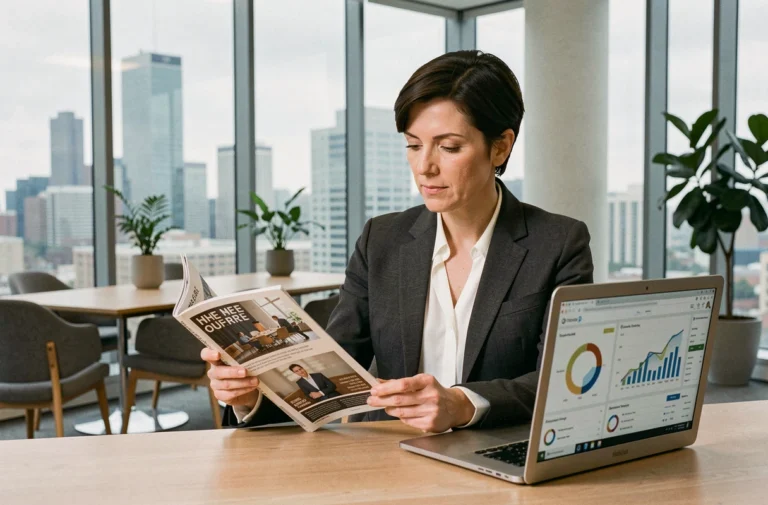 Dirigeante d'entreprise consultant le magazine SLR à son bureau avec tableau de bord numérique en arrière-plan