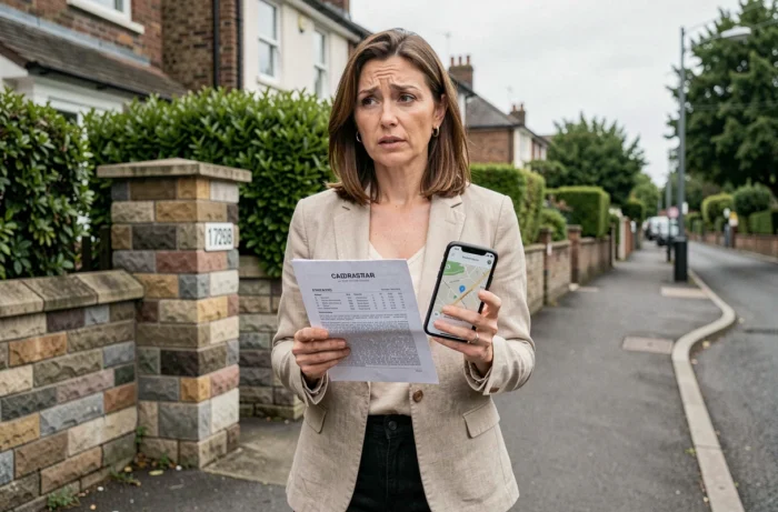 Femme consultant un extrait cadastral et une application cartographique devant une maison pour résoudre une discordance d'adresse