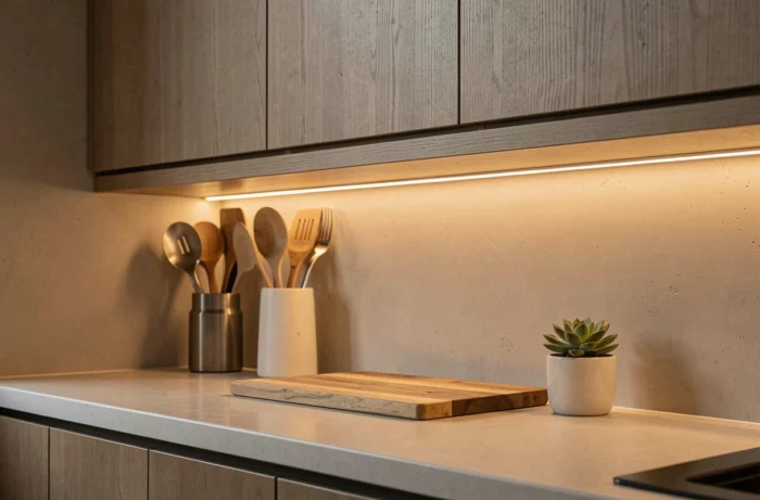 Cuisine moderne avec un bandeau LED indirect installé sous les meubles hauts, éclairant le plan de travail et ses accessoires