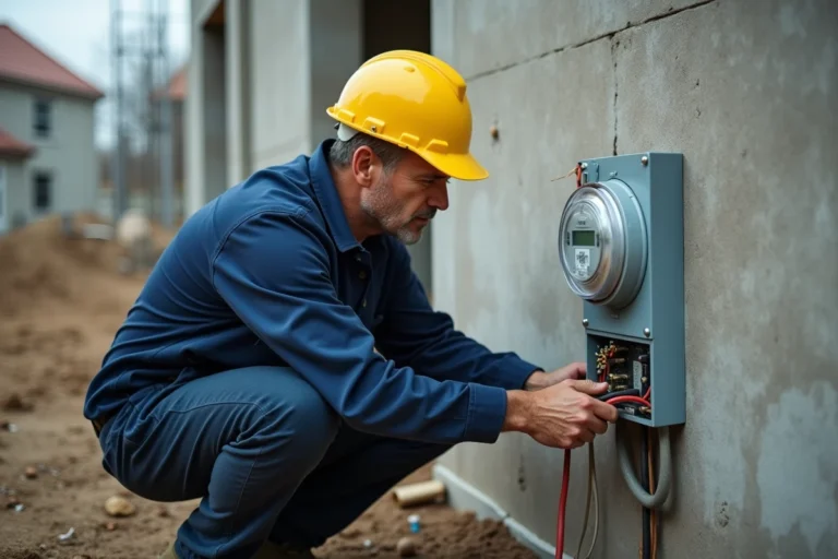 Électricien inspectant un coffret de branchement EDF sur une maison neuve en construction