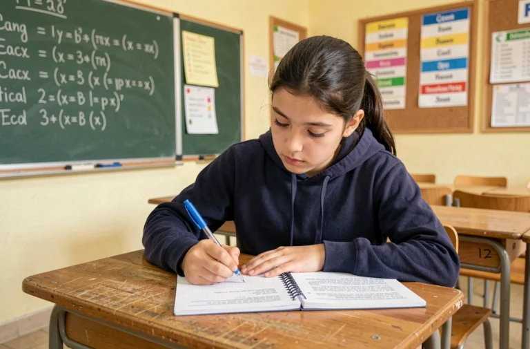Élève de 6ème concentrée sur un exercice de grammaire française dans une salle de classe traditionnelle