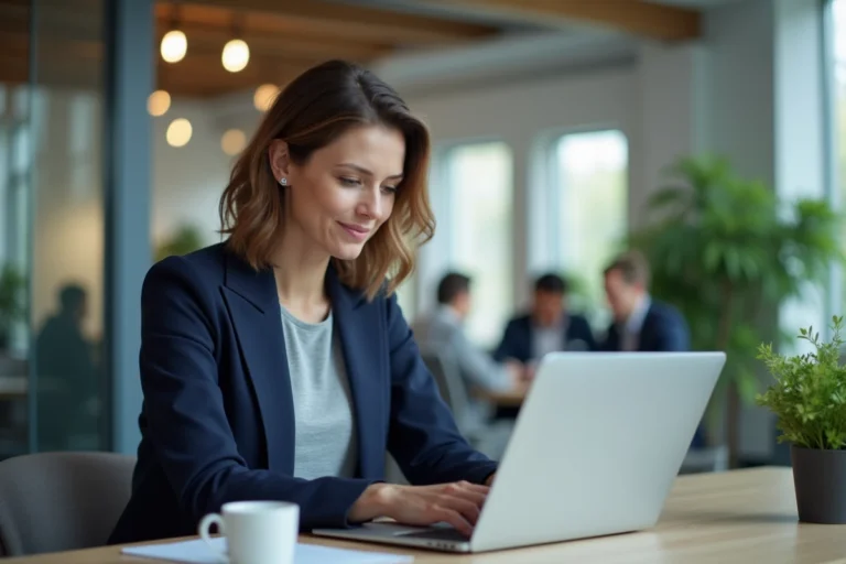 Employée BNP Paribas consultant le portail RH Alis sur un ordinateur portable dans un bureau moderne