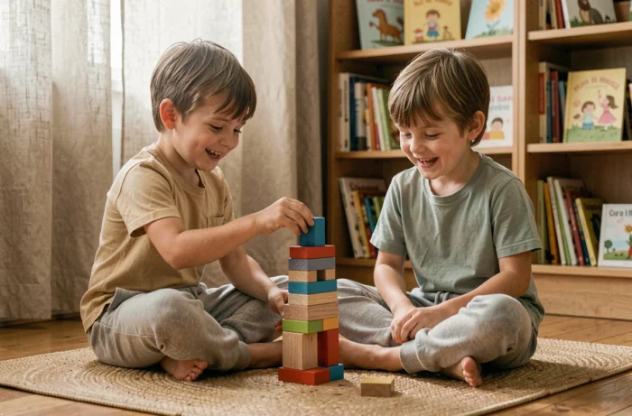 Deux enfants jouant ensemble avec des blocs en bois colorés dans un salon chaleureux et éthique