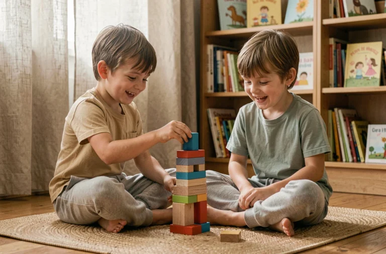Deux enfants jouant ensemble avec des blocs en bois colorés dans un salon chaleureux et éthique