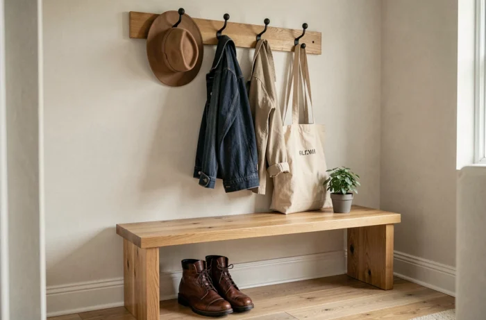 Entrée aménagée avec un banc en chêne massif et une rangée de patères noires murales portant vêtements et sacs