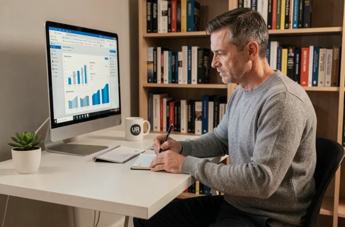 Un entrepreneur en télétravail consulte un rapport sur les tendances marketing digitales 2024 depuis son bureau à domicile minimaliste, prenant des notes pour booster la croissance de son entreprise.