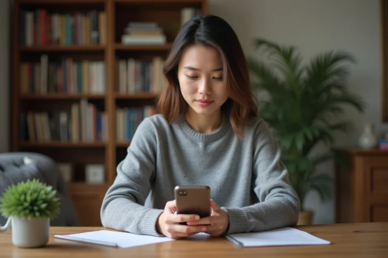 Jeune femme utilisant Telegram sur son smartphone pour envoyer une photo éphémère depuis son bureau à domicile