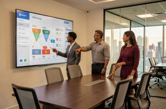 Équipe de professionnels discutant d'une visualisation CRM sur un écran interactif dans une salle de réunion moderne