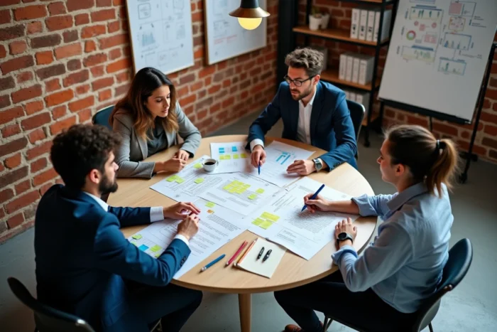 Équipe pluridisciplinaire d'un cabinet de conseil en banque collaborant lors d'un atelier de transformation financière