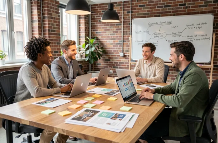 Une équipe marketing diversifiée collabore autour d'une table de réunion avec des maquettes de campagnes et des ordinateurs portables, symbolisant la stratégie de croissance d'entreprise en 2024.