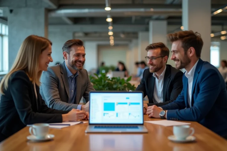 Équipe de professionnels collaborant autour d'un outil de gestion de projet en entreprise lors d'une réunion de travail