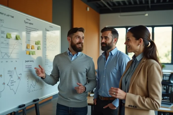 Équipe de professionnels en réunion collaborative autour d'un tableau blanc avec des graphiques de croissance dans un espace de travail moderne
