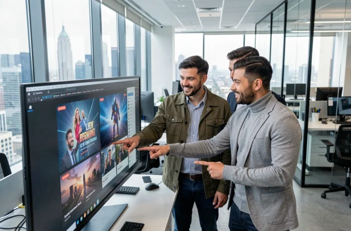 Groupe de collègues découvrant ensemble les dernières tendances et actualités du web sur un grand écran en open space