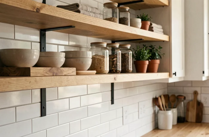 Cuisine moderne avec des étagères murales ouvertes en bois clair affichant des bocaux, des herbes aromatiques et des bols en céramique