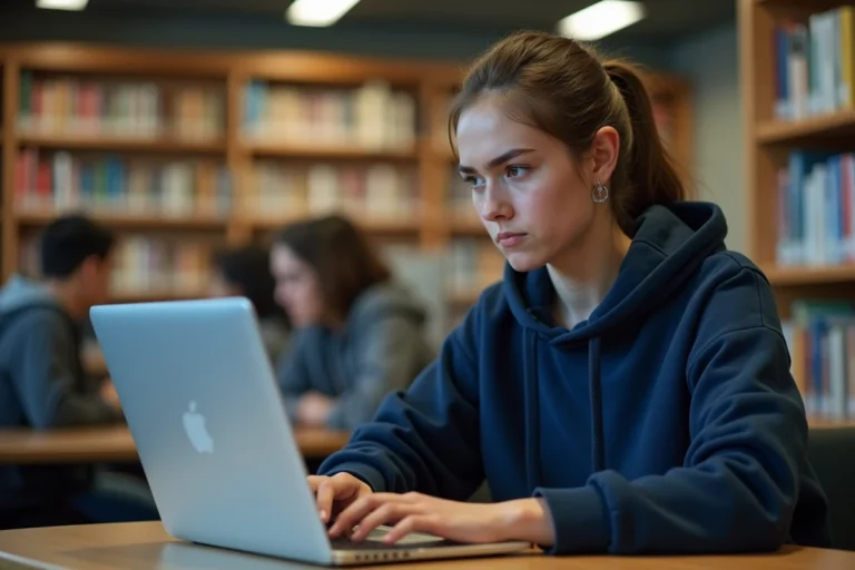 Étudiante connectée à un portail universitaire sur son ordinateur portable dans une bibliothèque