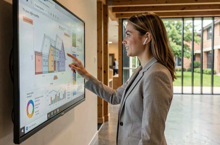 Étudiante interagissant avec un écran tactile interactif dans un espace éducatif moderne alliant design et technologie