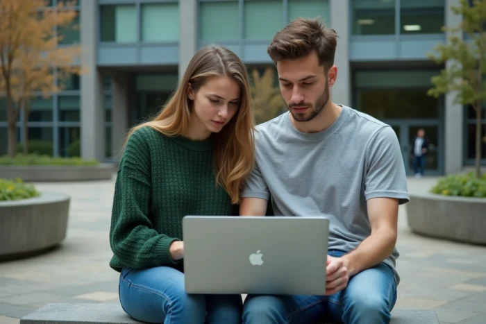 Deux étudiants consultant ensemble un portail de connexion universitaire en extérieur sur le campus
