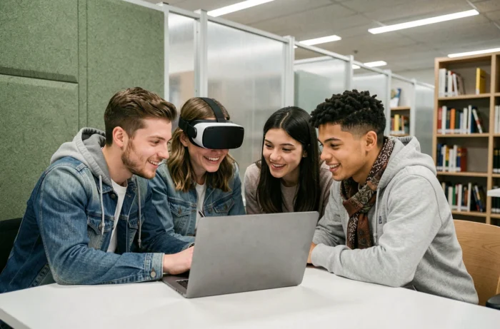 Groupe d'étudiants universitaires collaborant autour d'un casque de réalité augmentée dans une bibliothèque technologique moderne