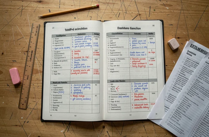Vue de dessus d'exercices corrigés de classes grammaticales françaises sur une table scolaire en bois