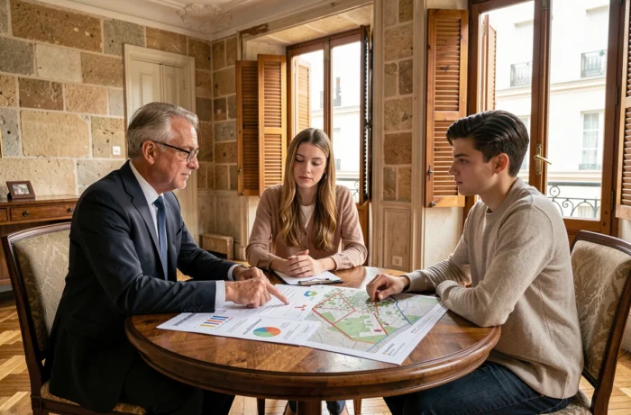 Expert immobilier présentant une estimation détaillée à des acheteurs dans un appartement lyonnais