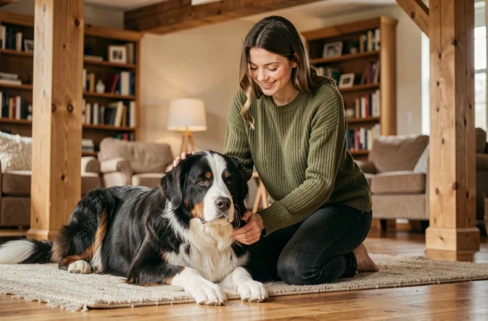 Jeune femme souriant en caressant un grand Bouvier Bernois couché sur un parquet dans un salon chaleureux et naturel