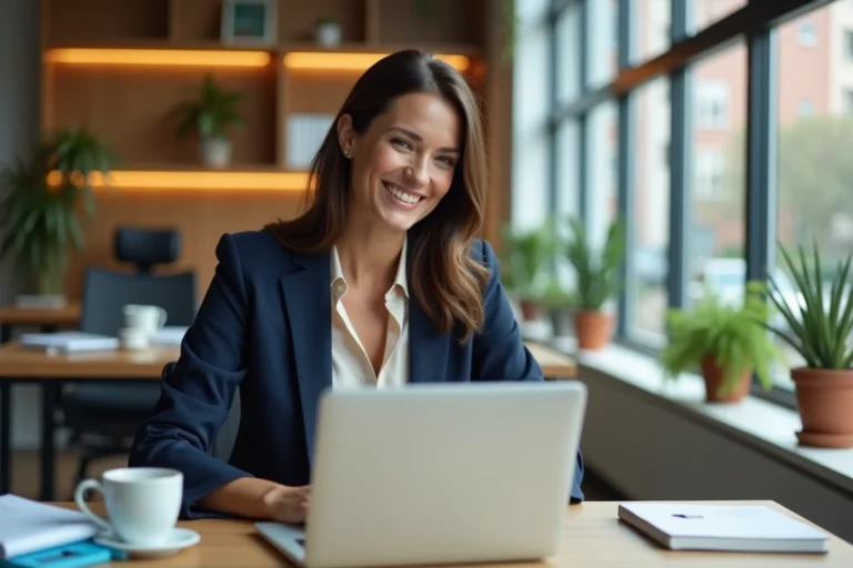 Femme cadre souriante qui ferme son ordinateur portable en fin de journée dans un bureau moderne, illustrant un métier aux horaires 9h-16h favorisant la qualité de vie