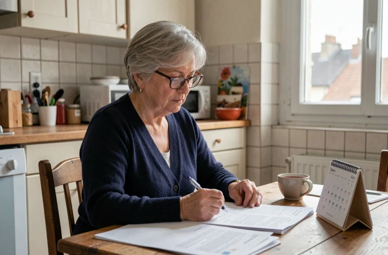 Femme consultant son calendrier de paiement AAH 2026 à la table de sa cuisine avec des documents administratifs