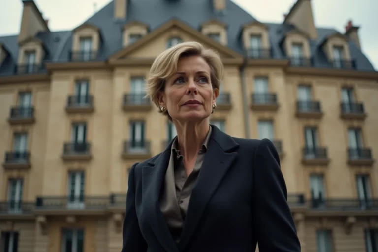 Portrait d'une femme française influente devant un immeuble haussmannien à Paris, incarnant l'élégance et le leadership féminin français