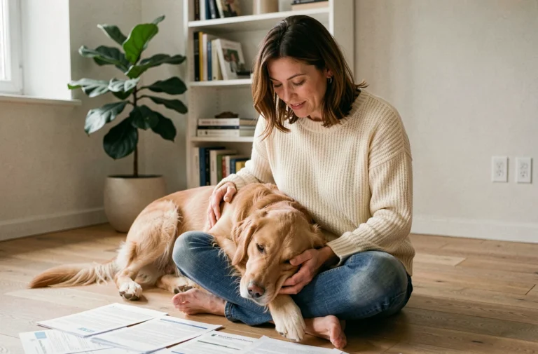 Femme assise sur le sol avec son golden retriever, consultant des documents d'assurance animale dans un salon moderne