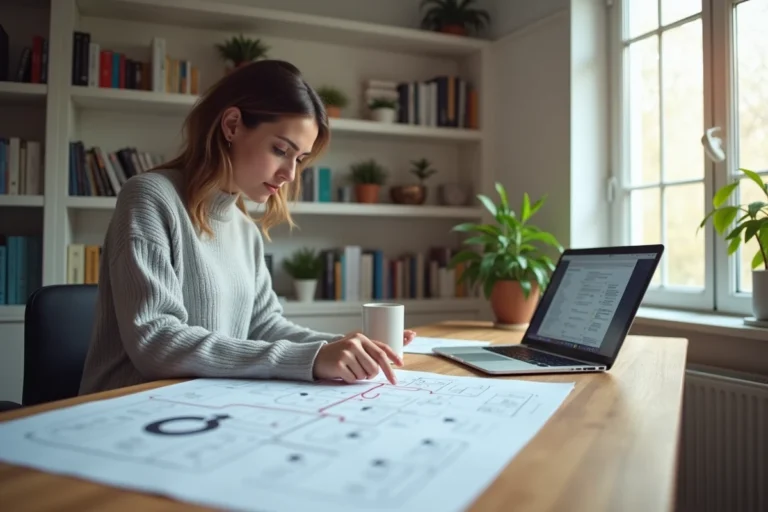 Femme consultant un plan de sitemap imprimé sur un bureau en bois dans un bureau à domicile moderne