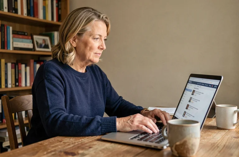 Femme d'une cinquantaine d'années consultant sa boîte mail sur un ordinateur portable dans un bureau à domicile