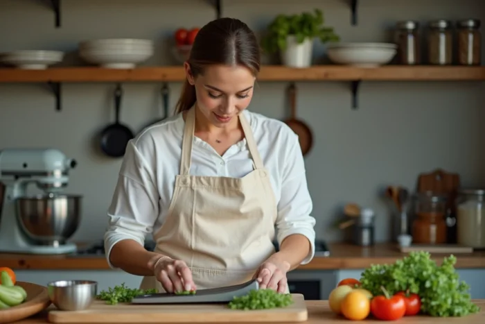 Femme cuisinant avec des ustensiles professionnels dans une cuisine chaleureuse et bien équipée
