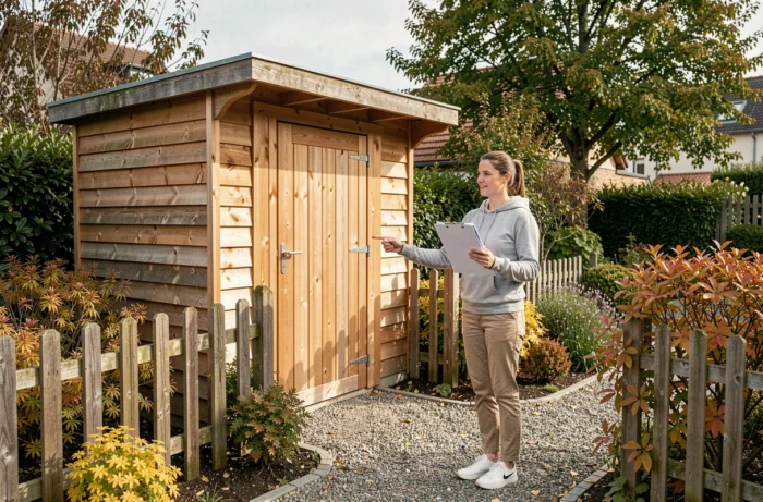 Femme vérifiant les documents administratifs pour l'installation d'un abri de jardin en bois