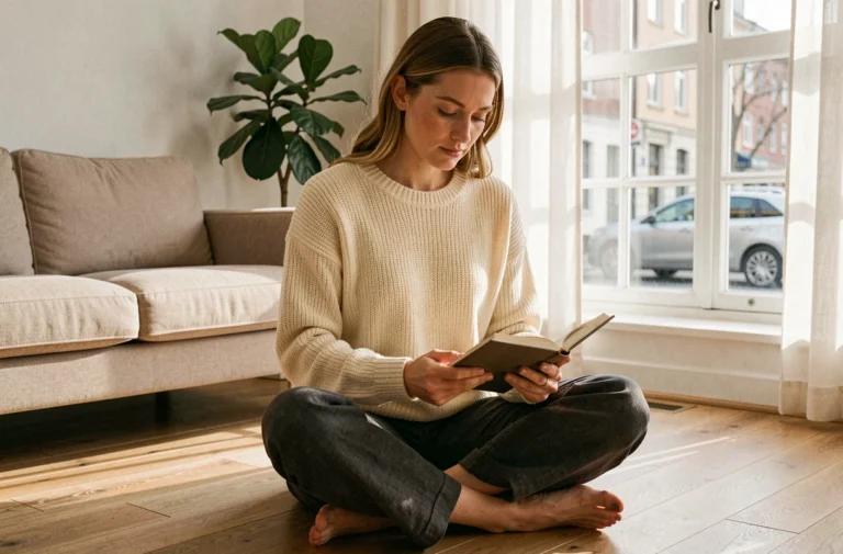 Femme épanouie dans la trentaine lisant un journal intime dans un salon scandinave lumineux et chaleureux